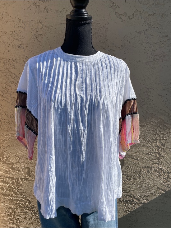 THML Tops - THML White Crinkle Crewneck Top with Accent Sleeves